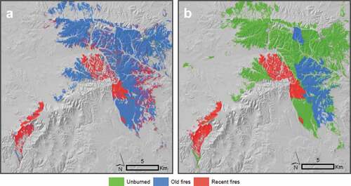 Figure 5. Classification 3 using SVM (a), and reference burned surface (b). A shaded relief surface is used as backdrop.