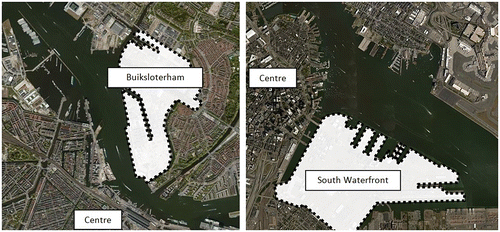 Figure 2. Case study areas in Amsterdam (left) and Boston (right). Source: BING maps (2015), edited by authors.