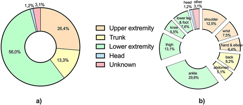 Figure 1 Distribution of acute injury location. (a) Division based on body region; (b) detailed breakdown of anatomical subdivisions. N = 648.