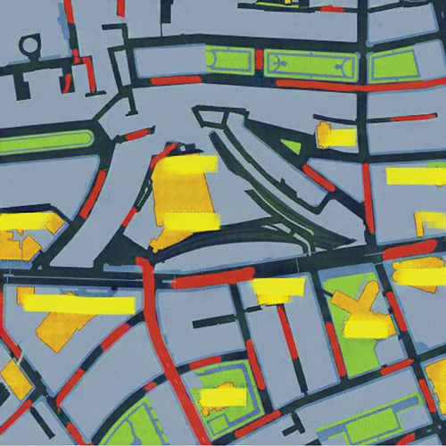 Figure 7. Output of CycleGAN model, the yellow boxes designate the landmark labels and the red boxes designate the road labels.