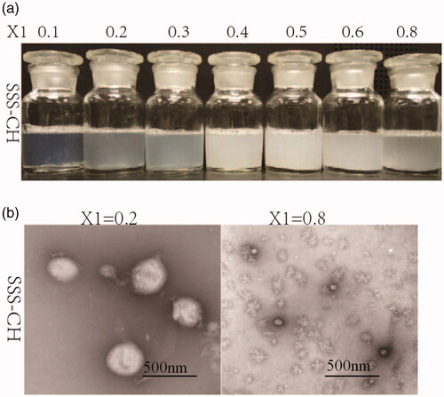 Figure 1. (a) The apparent morphology of catanionic aggregation in solutions of SSS-CH. (b) The TEM photos of SSS-CH catanionic aggregates. X1 is expressed as the mass fraction of CH (X1=mCH/m(SSS+CH)).