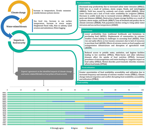 Figure 4. Water-related threats and their impacts on the four pillars of food security (Food availability: AVAL1–AVAL9; Food access: ACCS1–ACCS4; Food utilization: UTIL1–UTIL4; and Food stability: STBL1–STBL2) under climate change in the Indian Sundarbans, and experts’ agreement (%) on these (the abbreviations are defined in the figure itself).