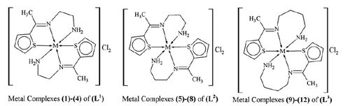 Scheme 2: Co(II), Ni(II), Cu(II) and Zn(II) metal complexes (1)–(12) with (L1)–(L3).