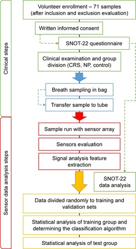 Figure 1 Experimental flowchart.Note: Overall, the experiment was divided into two main phases: the first phase included the clinical steps and the second included the engineering, sensor, and data analysis steps.Abbreviations: SNOT, Sino-Nasal Outcome Test; CRS, chronic rhinosinusitis; NP, nasal polyposis.