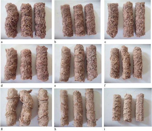 Figure 1. Extrudates processed from sorghum and soy meal flour at different processing conditions.(A) 0% soy meal flour, 15% feed moisture and 165°C barrel temperature; (B) 0% soy meal flour, 15% feed moisture and 150°C barrel temperature; (C) 0% soy meal flour, 18% feed moisture and 165°C barrel temperature; (D) 10% soy meal flour, 15% feed moisture, 165°C barrel temperature; (E) 10% soy meal flour, 18% feed moisture, 165°C barrel temperature; (F) 10% soy meal flour, 18% feed moisture and 150°C barrel temperature; (G) 20% soy meal flour, 15% feed moisture and 165°C barrel temperature; (H) 20% soy meal flour, 18% feed moisture and 150°C barrel temperature; (I) 20% soy meal flour, 21% feed moisture and 150°C barrel temperature.