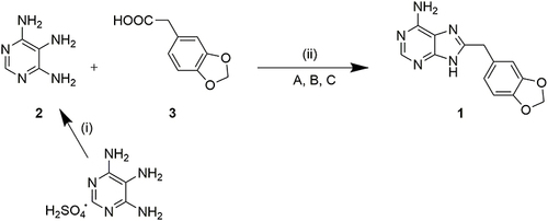 Scheme 1 General reaction for one-pot synthesis of purine ring. (i) a. NaOH, H2O, rt - 80 °C - 5 °C, until total dissolution, b. HCl, pH 7. (ii) P(OPh)3, NaOH, anhydrous pyridine, MW 220 °C 15 min. A, B, (C) reaction conditions detailed in Table 1.