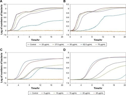 Figure 2 Bacteria growth curves for Gram-negative bacteria strains: (A) Pseudomonas aeruginosa and (B) Escherichia coli and Gram-positive bacteria strains, (C) Staphylococcus aureus, and (D) Staphylococcus epidermidis under different concentrations of Ag/AuNRs.
