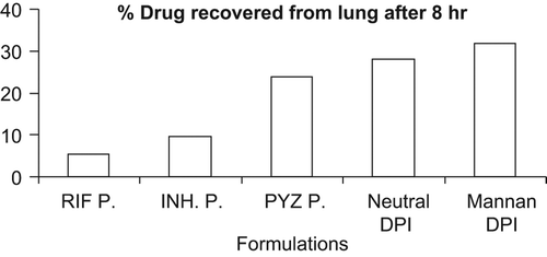 Figure 5. Comparative percent drug recovered from lungs after 8-hr administration of various formulations. Here P. represents powder of RIF, INH, and PYZ; neutral DPI represents DPI of neutral liposomes; mannan DPI represents DPI of mannan-appended liposomes.