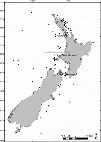 Figure 2  Distribution of all blue whale sightings (black dots) and stranding (open stars) records in New Zealand with the South Taranaki Bight indicated by the black box. The east coast of Northland, between the Hauraki Gulf and the Bay of Islands, is indicated by the dashed box. City centres of Auckland, New Plymouth and Wellington are denoted by crosses.