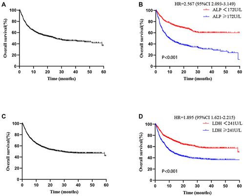 Figure 2 Survival curve for patients after PSM with ALP (A) and LDH (C). Survival curve stratified based on ALP (B) and LDH (D) levels.