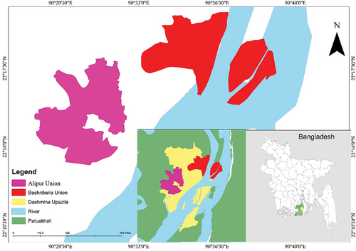 Figure 1. Location of study area in Patuakhali District, Bangladesh. Patuakhali is shaded in green on the inset map. Dashmina Upazila is shaded yellow. The study unions, Banshbaria and Alipur, are shaded red and pink, respectively, on the lower centre inset and main map. Source: Authors.