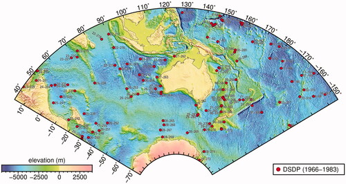 Figure 9. Overview map showing DSDP expeditions and site numbers. Courtesy of Ron Hackney.