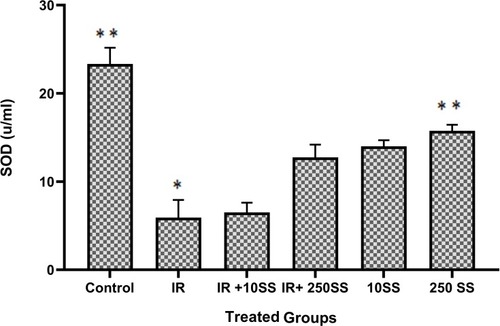 Figure 7 SOD assays on the lymphocytes, *p < 0.001 compared to control, **p < 0.001 compared to IR.