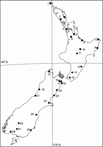 Figure 1  Map of the 28 populations of Cordyline australis where seeds were sourced for the common garden. Symbols indicate membership of the two main genetic groups as determined by structure analysis.