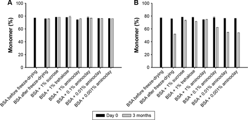 Figure 6 Monomer content (%) change of BSA in the freeze-dried cakes with/without stabilizing excipients during 3 months storage at 4°C (A) and 40°C (B).Abbreviation: BSA, bovine serum albumin.