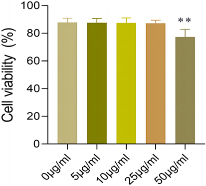 Figure 2 ReA inhibits the proliferation of HaCaT cells. MTT assay for viability of HaCaT cells in ReA solution 0 μg/mL group, 5 μg/mL group, 10 μg/mL group, 25 μg/mL group and 50 μg/mL group. **P < 0.01, vs 0 μg/mL group.