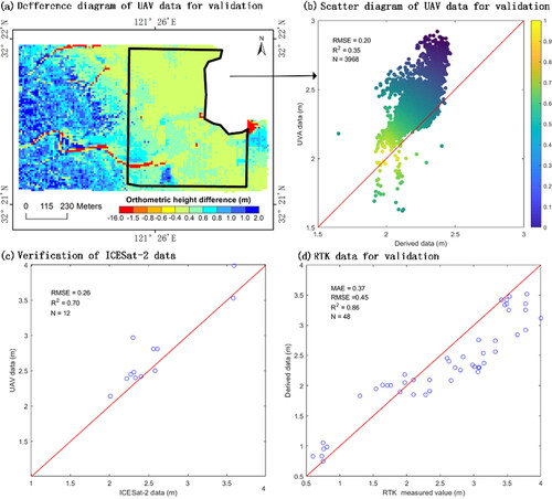 Figure 7. Estimated intertidal terrain accuracy assessment. (a) is a map of the inverse terrain and UAV LiDAR data verification; the calculated result is the difference between the UAV measured terrain and the inverted terrain, with a uniform spatial resolution of 10 m; (b) is a scatter diagram of the UAV data for validation, excluding the data from tidal trenches; (c) is a scatter diagram of verification of ICESat-2 data; (d) is a scatter diagram of RTK data for validation.