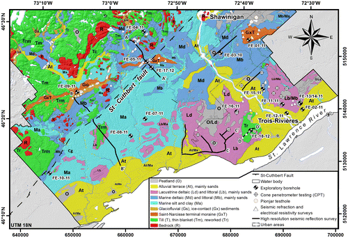 Figure 2. Quaternary geology and location of the new geophysical surveys and boreholes. The locations of the existing boreholes and wells (5386) used to build the model are not shown. See Table 2 for a detailed description of the units.