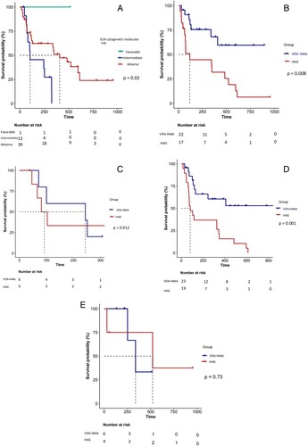 Figure 3. Kaplan-Meier estimated the overall survival of diffferent cytogenetic risk classification in newly diagnosed acute myelocytic leukemia patients(A). Kaplan-Meier assessment of VEN-HMA versus HAG in the adverse cytogenetic risk of patients with newly diagnosed acute myeloid leukaemia(B). Kaplan-Meier assessment of VEN-HMA versus HAG in the intermediate cytogenetic risk of patients with newly diagnosed acute myeloid leukaemia(C). Kaplan-Meier estimated the overall survival of the VEN treatment group and the HAG treatment group in newly diagnosed acute myelocytic leukemia patients older than 60 years old(D). Kaplan-Meier estimated the overall survival of the VEN treatment group and the HAG treatment group in newly diagnosed acute myelocytic leukemia patients less than 60 years old(E). The dashed line indicates 50% overall survival probability.