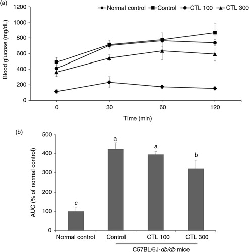 Fig. 1 Effect of dietary supplementation with Cudrania tricuspidata water extract on oral glucose tolerance test (OGTT) (1 g glucose/kg b.w) in the C57BL/6J-db/db mice. (a) Changes in blood glucose during OGTT. (b) Area under the curve (AUC) for OGTT. Data are expressed as mean±standard deviation (n=8). Different letters show a significant difference at p<0.05 as determined by Duncan's multiple range test.