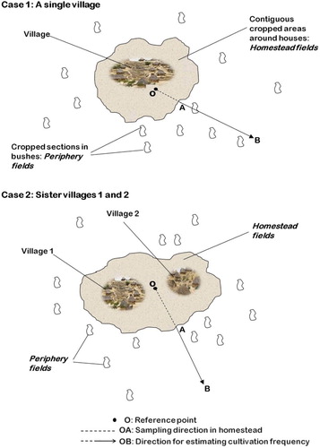 Figure 2. Structure of a study community formed by a single village (in case 1) or by sister villages having different names (in case 2). Contiguous cropped areas surround houses and scattered cropped areas in the periphery of homestead. Domestic animals (fowls, goats, sheep and few cattle (2–5 heads)) are kept within homesteads.