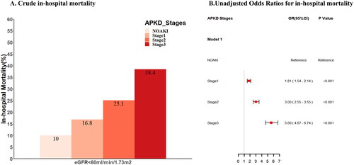 Figure 2. The crude and Logistic regression analyses of in-hospital mortality by APKD AKI severity stage in patients with PKD. AKI: acute kidney injury; PKD: preexisting kidney dysfunction (baseline eGFR < 60 mL/min/1.73 m2).