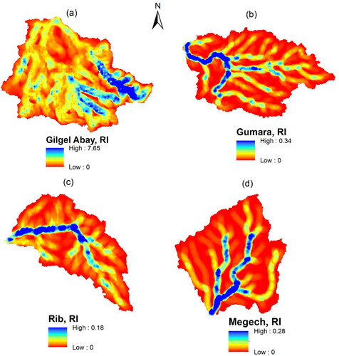 Figure 7. Ruggedness index map of watersheds: (a) Gilgel Abay (b) Gumara (c), Rib, and (d) Megech.