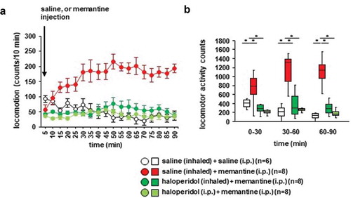 Figure 4. Effect of haloperidol inhalation on memantine-induced locomotion Mice were pretreated with inhaled saline or haloperidol or i.p. with haloperidol 30 minutes before the memantine injection. a) After i.p. memantine administration, the spontaneous locomotor activity of the mice was measured for each 5-minute period for 90 minutes in the locomotor activity test. b) The graphs show the total beam breaks for each 30-minute period after administration.