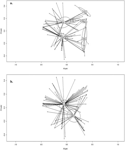Figure 4. Principal coordinate analysis (PCoA) ordination plots of (a) biotopes sampled on a site basis and (b) location upstream or downstream of the Rift Valley boundary (B) in the present study. Sites as per abbreviations in text and Figure 1; US: upstream; DS: downstream. Plots were derived from Hellinger-transformed catch per unit effort data. Labels indicate average weighted centroid and ellipses 95% confidence limits.