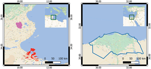 Figure 1. On the left, the boundaries of the test areas of Medenine (red) in the South-East of Tunisia, and Merguellil basin (purple) in North-West of Tunisia are shown. On the right, Nile Delta test site in Egypt is highlighted by a blue line.