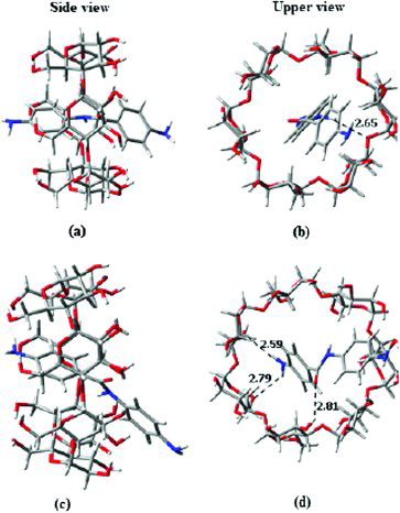 Figure 3. (Colour online) Side and upper views of optimised DABA:CD inclusion complex: (a, b) DABA:α-CD, and (c, d) DABA:β-CD inclusion complexes. Blue, white, ash and bright red colours indicate nitrogen, hydrogen, carbon and oxygen atoms, respectively.