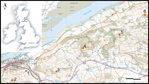 Fig 1 Location map and distribution of forts in vicinity of Clatchard Craig. 1. Clatchard Craig; 2. Black Cairn; 3. Braeside Mains; 4. Glenduckie; 5. Norman’s Law; 6. Green Craig. Contains OS data © Crown Copyright/database 2020. An Ordnance Survey/EDINA supplied service).