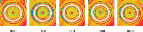 Figure 10. Thermal images of different dual fault conditions in bearing at 19 Hz.