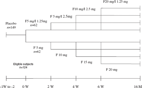 Figure 1. Study design. F, fosinopril; I, indapamide; W, week; M, month.