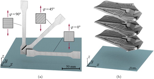 Figure 3. Rendering of (a) coupon orientations (Sindinger et al. Citation2020) with ϕ indicating the inclination angle to the build layer plane (xy) and consequently the loading direction (red arrows) as well as (b) component build layout.