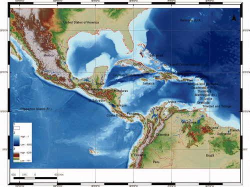 Figure 1. Location map of the study area: (1) country boundaries; (2) GEBCO bathymetry, (3) SRTM digital elevation model.