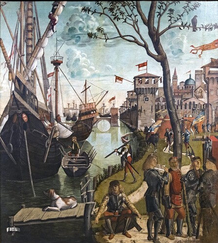 Figure 11. A carvel-built ship with a triangular lap strake-built forecastle with hawse holes. The place is the inland port of Cologne. ‘Pilgrims arriving to Cologna’ from Legend of St Ursula by Vittore Carpaccio 1490 (part of). Original in Gallerie dell'Accademia, Venice (public domain).