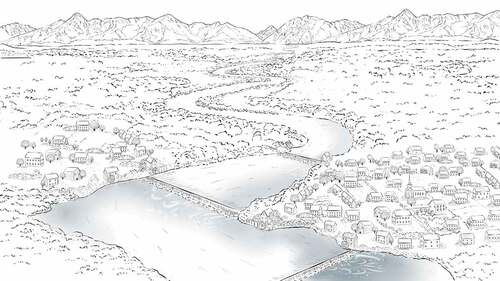 FIGURE 18 Line art depiction of a fictional new mill settlement during the early industrial era. Early settlements, including coastal settlements, were almost always established near rivers. [Territory, Natural capital] (created by May van Millingen in collaboration with the author).