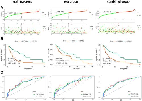 Figure 2 Construction and validation of immune-related prognostic lncRNA signature of cutaneous melanoma in the training group, test group and combined group. (A) Risk score curves and survival status distribution plots of immune-related lncRNA signature in the training, test and combined groups. (B) Kaplan–Meier survival curves of the immune-related lncRNA signature in the training, test and combined groups. (C) Time-dependent ROC curves of the immune-related lncRNA signature in the training, test and combined groups.