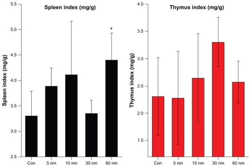 Figure 5 Size-dependent spleen and thymus indices of mice were calculated 28 days after 4000 μg/kg intraperitoneal injections.Notes: All values are reported as the mean ± standard deviation. Data were analyzed using Student’s t-test. *Represents a significant difference from the control group (P < 0.05).