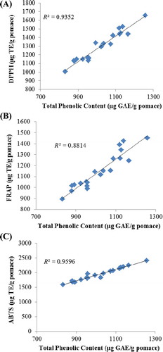 Figure 3. Correlation between total phenolic content and antioxidant activity measured by (A) DPPH, (B) FRAP and (C) ABTS assays.Figura 3. Correlación entre el total de contenido fenólico y la actividad antioxidante calculada mediante los ensayos (A)DPPH, (B)FRAP y (C)ABTS.