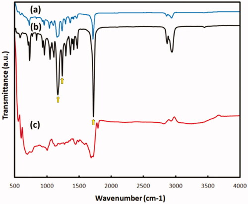 Figure 2. Fourier-Transform Infrared Spectroscopy (FTIR) spectrum analysis. (a) PCL (b) PCL/G (c) Graphene nanomaterials. Yellow arrow: increased peaks.