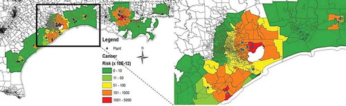 Figure 5. Site-specific plant locations and high cancer risk areas.