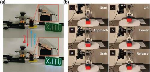 Figure 7. Two examples of applications for the f-TES composite. a) Switch to control the LED. b) Gripper to catch and release objects.