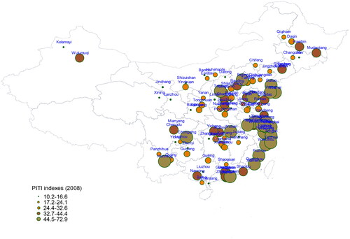 Figure 1. PITI indexes of 113 Chinese cities in Citation2008.Source: created by the authors.