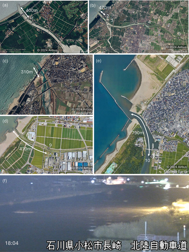 Figure 3. Satellite views of survey sites along rivers on Ishikawa coast: (a) Shinhori River; (b) Kakehashi River; (c) Tedori River; (d) Kurabe River; and (e) Sai River. Panel (f) shows the CCTV image capturing the tsunami at the site 3 shown in the panel (b). Numbers in the figure correspond to those listed in table 1.