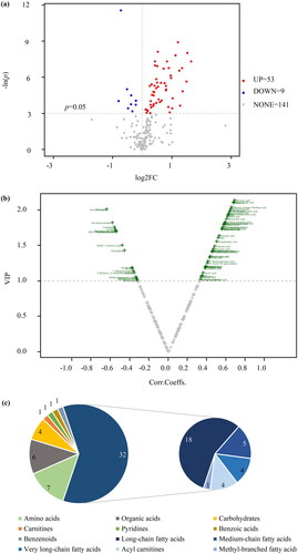 Figure 4. Differential metabolites in maternal serum samples. (a) Volcano plot based on univariate analysis. (b) Volcano plot of OPLS-DA model. (c) Classification of differential metabolites.