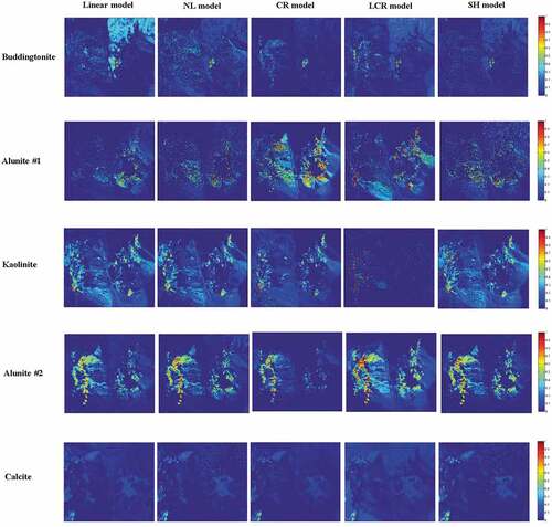 Figure 12. Abundance maps of selected materials for the AVIRIS data. (top to bottom: buddingtonite, alunite #1, kaolinite, alunite#2, and calcite; left to right: linear model, NL model, CR model, LCR model, and SH model)