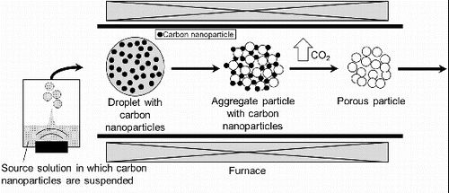 FIG. 1. Concept of carbon nanoparticle-addition ultrasonic spray pyrolysis (CNA-USP).