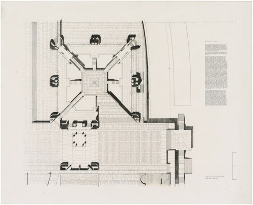 Figure 3. Ground level plan, Boston City Hall, competition, stage II, 1962, architects Mitchell/Giurgola Architects in association with David A. Crane & Thomas R. Vreeland Jr. Source: Mitchell/Giurgola (collection coll. 267), University of Pennsylvania Stuart Weitzman School of Design Architectural Archives.